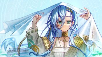 1girl 37_(reverse:1999) ancient_greek_clothes arm_up armlet bare_shoulders blue_background blue_eyes blue_hair closed_mouth gold_choker greco-roman_clothes hair_between_eyes hands_up hashtag-only_commentary highres jewelry long_hair lunara_luna reverse:1999 see-through_clothes see-through_veil smile solo straight-on upper_body veil veil_lift watermark