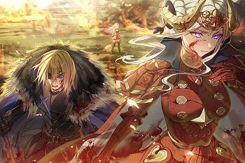 1boy 2girls armored_gloves black_gloves blonde_hair blood blood_on_face blue_coat breasts closed_mouth coat commentary_request dimitri_alexandre_blaiddyd dimitri_alexandre_blaiddyd_(timeskip) dress edelgard_von_hresvelg edelgard_von_hresvelg_(timeskip) eyepatch fake_horns fire fire_emblem fire_emblem:_three_houses fur-trimmed_coat fur_trim gloves highres hilda_valentine_goneril hilda_valentine_goneril_(timeskip) horns long_hair medium_breasts multiple_girls nintendo outdoors pink_hair red_dress red_gloves serious soma_otakuu standing white_hair