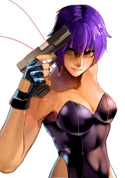 1girl absurdres black_gloves black_leotard breasts cleavage commentary fingerless_gloves ghost_in_the_shell gloves grin gun hair_between_eyes highres holding holding_gun holding_weapon kusanagi_motoko large_breasts leotard purple_hair raph_mavrost red_eyes short_hair smile solo weapon