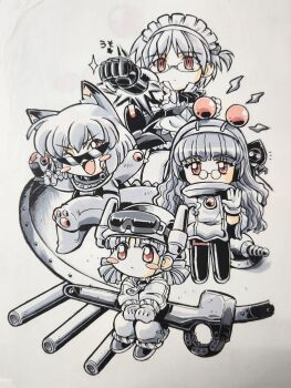 Rule 34 | 4girls, ai (g-on riders), alien, animal ear fluff, animal ears, antennae, apron, arrow (symbol), blush stickers, brooch, cannon, cat ears, cat girl, chibi, chibi only, clenched hand, cloak, closed mouth, commentary, cube hair ornament, dinosaur costume, dinosaur tail, dress, expressionless, fake antennae, fangs, flatwoods monster, g-on riders, glasses, gloves, goggles, goggles on headwear, hair ornament, hard hat, headphones, helmet, highres, jetpack, jewelry, jumpsuit, kokomahi, lightning bolt symbol, long hair, looking at viewer, low twintails, maid, maid apron, maid headdress, mako (g-on riders), medium hair, mini eyewear, monochrome, multiple girls, one eye closed, one side up, open mouth, oversized object, pantyhose, pao (g-on riders), round eyewear, salute, shoes, short hair, short twintails, sitting, smile, spacecraft, sparkle, spot color, standing, sunglasses, tail, traditional media, twintails, vulcan salute, wrench, zero (g-on riders)