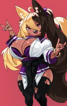 >:) 1girl ahoge aife_(zana) amesuku_gyaru animal_ears black_thighhighs blonde_hair bra bracelet breasts brown_hair choker cleavage dark-skinned_female dark_skin double_fox_shadow_puppet fox_ears fox_girl fox_shadow_puppet fox_tail gyaru highres jewelry kemonomimi_mode kogal large_breasts long_hair miniskirt multicolored_hair multiple_rings multiple_tails no_horns open_clothes open_mouth open_shirt original piercing purple_bra purple_eyes purple_nails red_background ring sharp_teeth shortstack simple_background skirt slit_pupils smile solo tail tan tanline teeth thighhighs tongue_piercing torn_clothes torn_thighhighs twintails two-tone_hair underwear v-shaped_eyebrows very_long_hair zanamaoria zettai_ryouiki