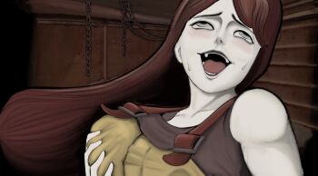 1girl abella_(fear_&amp;_hunger) bare_shoulders breasts brown_tank_top commentary ecstasy english_commentary fear_&amp;_hunger_(series) fear_&amp;_hunger_2:_termina grabbing_own_breast grey_eyes highres large_breasts long_hair meme open_mouth overalls purpl_gal red_hair rolling_eyes smile solo sweat tank_top upper_body yellow_overalls yumeko_grabbing_her_own_boob_(meme)