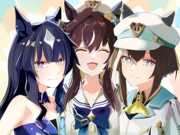 3girls :3 absurdres ascot asymmetrical_clothes black_hair blue_bow blue_bowtie blue_eyes blue_hair blush bow bowtie bright_pupils brown_hair cheval_grand_(grand_itineraire)_(umamusume) cheval_grand_(umamusume) closed_eyes closed_mouth commentary_request ear_ornament hat highres long_hair looking_at_viewer mole mole_under_eye multiple_girls open_mouth purple_eyes sailor_collar shirt short_hair short_hair_with_long_locks sidelocks umamusume v_sisters verxina_(le_beau_sommet)_(umamusume) verxina_(umamusume) vivlos_(umamusume) vivlos_(voyage_etincelant)_(umamusume) white_hair white_hat white_pupils white_sailor_collar white_shirt white_streaks yellow_ascot yoojp
