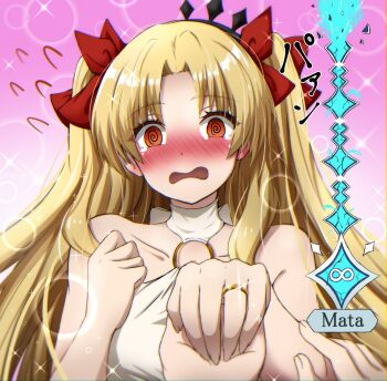 1girl 1other @_@ bare_shoulders black_tiara blonde_hair blush bow commentary_request embarrassed ereshkigal_(fate) ereshkigal_(swimsuit_beast)_(fate) fate/grand_order fate_(series) flying_sweatdrops gameplay_mechanics gold_ring gradient_background hair_bow hand_up highres holding_hands jewelry long_hair looking_at_viewer marriage_proposal multiple_hair_bows nose_blush o-ring o-ring_swimsuit one-piece_swimsuit open_mouth parted_bangs pink_background pov pov_hands red_bow red_eyes ring sotomichi sparkle swimsuit tiara two_side_up wedding_ring white_one-piece_swimsuit
