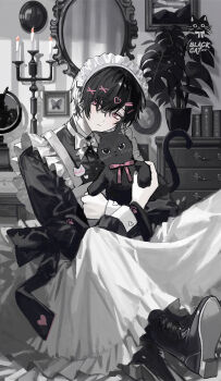 Rule 34 | 1boy, absurdres, animal, apron, black boots, black cat, black dress, black hair, blush, book, boots, bow, bowtie, candle, candlelight, candlestand, cat, chest of drawers, closed mouth, commentary, crossdressing, crossdressing (mtf), crossed legs, dot nose, dress, frills, full body, globe, grey nails, hair between eyes, hair ornament, hair scrunchie, heart, heart hair ornament, highres, holding, holding animal, holding cat, indoors, looking at viewer, maid, maid apron, maid headdress, male focus, male maid, mirror, nana tetra, neck ribbon, original, picture frame, pink eyes, pink ribbon, plant, ribbon, scrunchie, short hair, sitting, solo, spot color, white apron, white bow, white bowtie, white headdress, x hair ornament