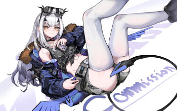 1girl absurdres belt blue_jacket brown_eyes eyewear_on_head fate/grand_order fate_(series) forked_eyebrows grey_hair highres jacket legs_up long_hair melusine_(fate) melusine_(swimsuit_ruler)_(fate) midriff sunglasses tail thighhighs white_thighhighs xun_li_eins