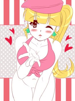 Rule 34 | 1girl, ape, bent over, blonde hair, blowing kiss, blush, bottomless, breasts, cleavage, dixie kong, donkey kong (series), donkey kong country, female focus, gomabee, hat, humanization, large breasts, leaning forward, looking at viewer, navel, nintendo, puckered lips, pussy, rareware, shirt, solo, standing, tied shirt, uncensored, wings