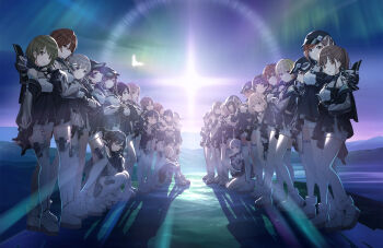 6+girls aketa_mikoto ankle_boots arisugawa_natsuha asakura_toru black_gloves black_hair blonde_hair boots brown_eyes brown_hair fingerless_gloves fukumaru_koito gloves green_hair grey_hair hachimiya_meguru hat highres higuchi_madoka hood ichikawa_hinana idolmaster idolmaster_shiny_colors ikaruga_luca ikuta_haruki izumi_mei kazano_hiori key_visual komiya_kaho kuwayama_chiyuki long_hair long_sleeves looking_at_viewer mayuzumi_fuyuko mitsumine_yuika morino_rinze mountainous_horizon multiple_girls nanakusa_nichika official_art osaki_amana osaki_tenka platform_shoes promotional_art purple_eyes purple_hair rain ruins saijo_juri sakuragi_mano see-through_clothes see-through_sleeves serizawa_asahi shirase_sakuya short_hair shorts single_thighhigh sitting sonoda_chiyoko squatting suzuki_hana tanaka_mamimi thigh_strap thighhighs tsukioka_kogane white_shorts yukoku_kiriko