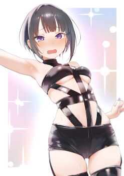 Rule 34 | 1girl, arm up, armpits, bare shoulders, black hair, blunt bangs, blush, bondage outfit, border, breasts, commentary request, cowboy shot, from below, highres, hot limit, idolmaster, idolmaster cinderella girls, looking at viewer, medium breasts, nail polish, open mouth, outside border, purple eyes, purple nails, revealing clothes, sakiecho, shirayuki chiyo, short hair, sidelocks, skindentation, solo, standing, t.m.revolution, thigh strap, underboob, white border