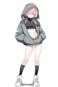 1girl absurdres black_socks breasts character_request full_body girls'_frontline girls'_frontline_2:_exilium hair_over_one_eye hands_in_pockets highres hood hood_up hooded_jacket jacket medium_breasts navel pink_hair shenqi_xiaohuang shoes socks solo white_shoes yellow_eyes
