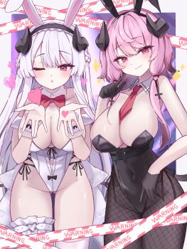 Rule 34 | 2girls, :o, absurdres, animal ear hairband, animal ears, bernina (stella sora), between breasts, black bow, black gloves, black hairband, black leotard, black panties, blowing kiss, bow, bowtie, breasts, caution tape, cleavage, closed mouth, commentary, demon girl, demon horns, demon wings, fake animal ears, fang, fishnet pantyhose, fishnets, frilled wrist cuffs, frills, gloves, gluteal fold, hairband, hamu (hvmzld123), highleg, highleg leotard, highres, horns, large breasts, leotard, long hair, looking at viewer, low wings, mole, multiple girls, necktie, necktie between breasts, official alternate costume, one eye closed, panties, pantyhose, pink eyes, playboy bunny, rabbit ears, red bow, red bowtie, red necktie, skin fang, smile, stella sora, thigh gap, thighhighs, thighs, traditional bowtie, underwear, very long hair, virigia (stella sora), white leotard, white thighhighs, white wrist cuffs, wings, wrist cuffs