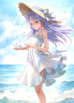 1girl :d alternate_costume angel_beats! bare_shoulders blue_sky blush bow brown_eyes brown_hat cloud comiket_105 commentary_request day dress feet_out_of_frame floating_clothes floating_hair frilled_dress frills from_side goto_p grey_hair hands_up hat hat_bow hat_ribbon highres holding holding_petal long_hair ocean open_mouth outdoors petals ribbon sidelocks sky sleeveless sleeveless_dress smile solo spaghetti_strap standing straw_hat sun_hat sundress tachibana_kanade textless_version waves white_dress wind yellow_eyes