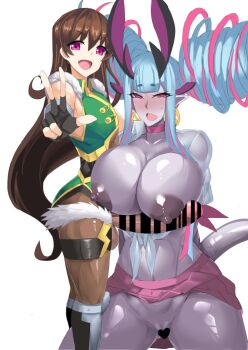 1boy 1girl :o action_taimanin androgynous aqua_hair ass bar_censor big_hair bodysuit breasts breasts_squeezed_together brown_hair censored cheerleader crossover curvy dark-skinned_male dark_skin drill_hair earrings erection fate/grand_order fate_(series) fingerless_gloves gloves green_leotard happy heart heart_censor hetero highleg highleg_leotard ibuki_douji_(fate) ibuki_douji_(swimsuit_berserker)_(fate) ibuki_douji_(swimsuit_berserker)_(second_ascension)_(fate) jewelry ky. large_breasts large_penis leotard long_hair looking_at_viewer multicolored_hair multicolored_leotard navel nipples no_bra no_panties open_clothes open_mouth open_shirt paizuri penis penis_under_breasts pink_hair pink_skirt pointy_ears pussy revealing_clothes school_uniform see-through_bodysuit see-through_clothes shiny_skin simple_background size_difference skirt smile spread_legs sweat taimanin_(series) taimanin_rpgx taimanin_suit testicles trap trap_on_female two-tone_hair two-tone_leotard uehara_shikanosuke very_long_hair white_background wide_hips
