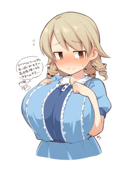 1girl alternate_breast_size_(larger) april_fools artist_self-insert bad_id bad_pixiv_id blush breasts brown_eyes drill_hair female_focus huge_breasts idolmaster idolmaster_cinderella_girls light_brown_hair looking_at_viewer morikubo_nono simple_background solo sweatdrop translated uccow upper_body white_background