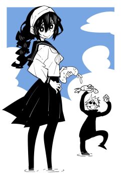 Rule 34 | 1boy, 1girl, amanai riko, braid, braided ponytail, dowman sayman, gojou satoru, greyscale with colored background, hairband, highres, jujutsu kaisen, leggings, school uniform, sea cucumber, serafuku, smile, water