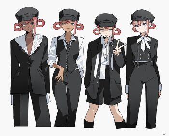 Rule 34 | 4girls, black coat, black hair, black jacket, black necktie, black pants, black shorts, black vest, blue eyes, breasts, chain, closed mouth, coat, collared shirt, dark-skinned female, dark skin, hair rings, hat, highres, jacket, jewelry, joy (pokemon), joy (pokemon legends: z-a), long sleeves, looking at viewer, multiple girls, necklace, necktie, nintendo, oromnt, pants, pink hair, pokemon, pokemon legends: z-a, shirt, short hair, shorts, simple background, smile, tongue, tongue out, v, very dark skin, vest, white background, white shirt