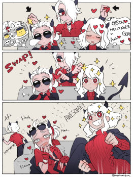 3girls absurdres arrow_(symbol) black_horns body_switch breasts cigarette clenched_hands clenched_teeth commentary demon_girl demon_horns demon_tail drooling english_commentary eyewear_on_head fingerless_gloves gloves grey_background grey_eyes heart heart-shaped_pupils helltaker highres horns justice_(helltaker) long_sleeves looking_at_another medium_breasts mixed-language_commentary modeus_(helltaker) multiple_girls noah_(tettsui-sole) open_mouth personality_switch red_eyes red_gloves red_sweater ribbed_sweater simple_background sleeping smile sparkle speech_bubble sunglasses sweater symbol-shaped_pupils tail teeth thought_bubble twitter_username white_hair zdrada_(helltaker)