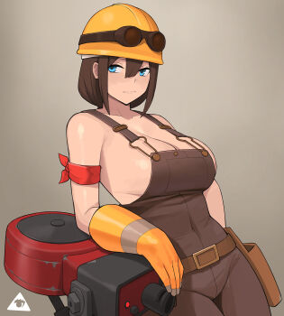 1girl armband artist_logo belt belt_buckle blue_eyes breasts brown_hair buckle cleavage cowboy_shot donburi_(donburikazoku) engineer_(tf2) eyewear_on_head genderswap genderswap_(mtf) hair_between_eyes hard_hat helmet highres large_breasts logo machinery naked_overalls no_bra overalls reclining red_armband red_engineer_(tf2) sentry short_hair team_fortress_2 work_gloves