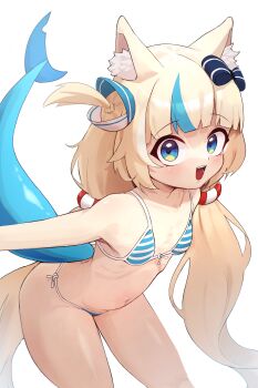 1girl :d absurdres animal_ear_fluff animal_ears bikini blonde_hair blue_bikini blue_eyes blue_hair blue_tail blunt_bangs blush bow cat_ears fins fish_tail hair_bow hair_ornament highres indie_virtual_youtuber leaning_forward loli long_hair looking_at_viewer low_twintails mr_kimbanjang multicolored_hair navel open_mouth sameko_saba side-tie_bikini_bottom simple_background smile solo streaked_hair striped_bikini striped_clothes swimsuit tail teeth twintails very_long_hair virtual_youtuber white_background