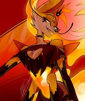 1girl beelzebub_(helluva_boss) blonde_hair crop_top demon_girl extra_arms fgremlin08 furry furry_female hellaverse helluva_boss highres looking_at_viewer multicolored_hair raised_eyebrows shorts solo two-tone_hair white_hair yellow_fur