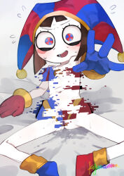 1girl asymmetrical_gloves blush_stickers brown_hair detached_eyes flat_chest gloves hat hat_bell highres jester jester_cap karasuma234 medium_hair mismatched_gloves multicolored_eyes multicolored_hat nude pale_skin pomni_(the_amazing_digital_circus) pussy_juice spread_legs the_amazing_digital_circus two-tone_eyes