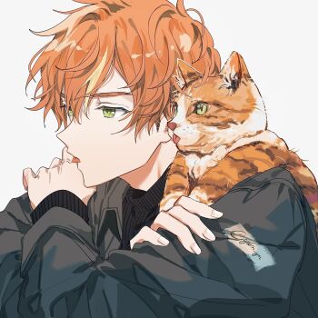 Rule 34 | 1boy, adam's apple, animal, animal ear fluff, animal on shoulder, black jacket, black shirt, cat, commentary, crossed arms, from side, green eyes, hand on own shoulder, highres, jacket, layered sleeves, long sleeves, male focus, multicolored cat, multicolored hair, orange hair, parted bangs, project sekai, shinonome akito, shirt, short hair, solo, streaked hair, sweater, tongue, tongue out, turtleneck, turtleneck sweater, upper body, white background, yion yu