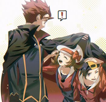 ! 1girl 2boys backwards_hat baseball_cap black_cape black_hair black_shirt blue_overalls blue_shirt blush bow brown_eyes brown_hair cape cape_clasp closed_eyes collarbone ethan_(pokemon) hat hat_bow jacket kkodle2 lance_(pokemon) long_hair long_sleeves lyra_(pokemon) multiple_boys newsboy_cap nintendo one_eye_closed open_mouth overalls pokemon pokemon_hgss popped_collar red_hair red_jacket red_shirt ribbon shirt short_hair smile speech_bubble spiked_hair spoken_exclamation_mark twintails white_hat