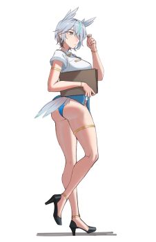 1girl armlet ass bare_legs blue_eyes blush bracelet breasts clothes_lift commentary dangodes earrings english_commentary expressionless feather_hair_ornament feathers green_eyes grey_hair hair_ornament hair_over_one_eye hand_in_own_hair high_heels highres holding jewelry large_breasts military_uniform multicolored_hair nose nose_blush one_eye_covered original simple_background skirt skirt_lift solo standing standing_on_one_leg thigh_strap thighs white_background