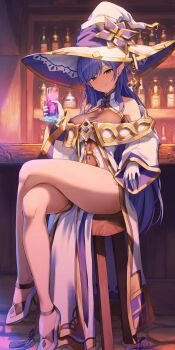 1girl alyssa_(specktech) arm_rest bar_(place) bare_shoulders blue_eyes blue_hair blush bodystocking bottle breasts chair cleavage closed_mouth commentary_request commission counter covered_navel crossed_legs cup dress drinking_glass gloves gold_trim hand_up hat hat_ornament head_tilt high_heels highres holding holding_cup indoors juice kamo_ashi large_breasts large_hat legs long_sleeves looking_at_viewer magic_circle off_shoulder on_stool original pelvic_curtain pointy_ears potion see-through_cleavage see-through_clothes shelf sidelocks sitting skeb_commission smile solo stool tavern thighs two-sided_fabric two-sided_headwear two-sided_sleeves white_dress white_gloves white_hat wide_sleeves witch_hat wooden_chair