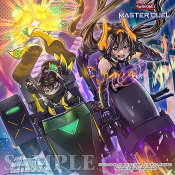 2girls anonymous_(yu-gi-oh!) bare_shoulders black_hair blonde_hair bodysuit brown_eyes brown_hair commentary copyright_logo copyright_name dutch_angle elbow_gloves english_commentary explosion fingerless_gloves forehead_protector gloves green_eyes hair_between_eyes holding holding_knife horns i:p_masquerena knife logo mechanical_horns midair multicolored_hair multiple_girls official_art s-force_rappa_chiyomaru s:p_little_knight sample_watermark scarf sidecar smile twintails two-tone_hair w:p_fancy_ball watermark yu-gi-oh! yu-gi-oh!_master_duel
