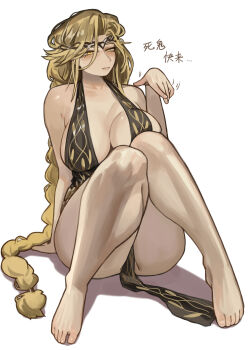 1girl absurdres barefoot blonde_hair braid breasts circlet cleavage elden_ring gold_circlet gold_diadem highres knees_up large_breasts long_hair miao_jiangyou pelvic_curtain plunging_neckline pointing queen_marika_the_eternal single_braid sitting solo white_background yellow_eyes