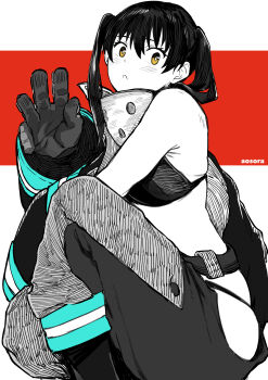 1girl absurdres aosora2823 artist_name bare_shoulders bikini black_bikini black_hair boots en&#039;en_no_shouboutai firefighter_jacket gloves highres jacket light_blush looking_at_viewer midriff short_hair simple_background solo squatting swimsuit tamaki_kotatsu twintails waving