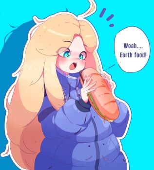 1girl ahoge aqua_eyes blonde_hair blue_background blue_coat coat commentary diana_(pragmata) drawstring drop_shadow english_commentary english_text food hands_up highres holding holding_food long_hair long_sleeves looking_at_food mocikxie open_mouth outline padded_coat pragmata puffy_coat puffy_long_sleeves puffy_sleeves sandwich simple_background solo speech_bubble submarine_sandwich teeth upper_body very_long_hair white_outline