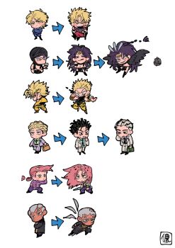 5boys arrow_(symbol) battle_tendency blonde_hair blush_stickers chibi chibi_only commentary_request crazy_smile diamond_wa_kudakenai diavolo dio_brando enrico_pucci grey_hair highres jojo_no_kimyou_na_bouken kars_(jojo) kawajiri_kosaku kira_yoshikage male_focus multiple_boys multiple_views phantom_blood pink_hair priest progression purple_hair simple_background smile stardust_crusaders stone_ocean vento_aureo vinegar_doppio wao white_background