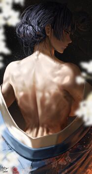 1girl absurdres back bare_back blue_kimono breasts commentary facing_away hair_bun highres hololive hololive_english japanese_clothes kimono large_breasts looking_to_the_side muscular muscular_female ouro_kronii photorealistic realistic solo steam steb tagme yukata