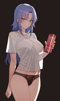 1girl :/ absurdres black_background black_panties blue_hair breasts bright_pupils can closed_mouth commentary cowboy_shot energy_drink english_commentary highres holding holding_can kuso_otoko large_breasts legs_together light_blush long_hair looking_at_viewer monster_energy no_pants panties red_eyes see-through_silhouette shirt short_sleeves simple_background solo standing t-shirt underwear uragoner white_pupils white_shirt