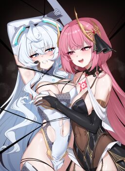 2girls absurdres ahoge armpit_crease armpits arms_up bdsm belly black_background black_leotard black_thighhighs blue_eyes blue_hair blush bondage boots bound bound_arms bound_legs bound_torso breasts chest_tattoo cleavage clenched_teeth clothing_cutout collared_leotard counter:side covered_navel crest crossed_bangs dark_background detached_collar detached_sleeves elbow_gloves female_focus fingerless_gloves garter_straps gloves gold gold_trim grabbing_another&#039;s_breast groping groping_breast hair_between_eyes hair_ornament hair_ribbon highleg highleg_leotard highres honeycomb_(pattern) horizon_(counter:side) large_breasts legs legs_together leotard lewd_crest long_hair looking_at_another looking_to_the_side molestation multiple_girls navel open_mouth p03145 partially_fingerless_gloves pelvic_curtain pink_hair red_background red_eyes restrained revealing_clothes ribbon seductive_gaze seductive_smile see-through_clothes see-through_leotard shena_(counter:side) sidelocks skin_tight skindentation smile sweat sweatdrop tattoo teeth thigh_boots thighhighs thighs tongue torn_clothes torn_leotard very_long_hair white_leotard white_thighhighs yuri