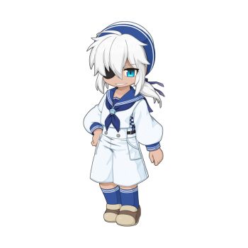 1boy blue_eyes blue_hat blue_neckerchief blue_sailor_collar blue_socks brown_shoes chibi chibi_only dixie_cup_hat eyepatch full_body grin hat long_sleeves looking_at_viewer male_focus military_hat neckerchief official_art ragnarok_online sailor sailor_collar shirt shoes shorts simple_background smile socks solo standing transparent_background white_hair white_shirt white_shorts yohan_(ragnarok_online) yuichirou