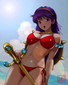 1girl absurdres artist_name athena_(series) bikini breasts cleavage highres japanese_text large_breasts looking_at_viewer navel open_mouth pink_lips princess_athena purple_eyes purple_hair red_bikini solo swimsuit teeth tongue translation_request west-maison