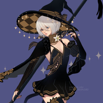 Rule 34 | 1girl, 2b (nier:automata), :d, artist name, bat (animal), black cape, black dress, black hat, black shorts, blindfold, blush, cape, chibi, chibi only, closed mouth, commentary, dress, fangs, full moon, halloween, halloween costume, hat, holding, holding pumpkin, jack-o'-lantern, mitsuki nite, mole, mole under mouth, moon, nier:automata, nier (series), open mouth, pumpkin, short hair, shorts, smile, standing, star (symbol), twitter username, watermark, white hair, witch hat