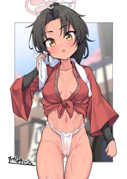 Rule 34 | 1girl, :o, adversarial noise, artist name, black hair, blue archive, blurry, blurry background, blush, border, breasts, collarbone, fundoshi, gluteal fold, groin, hair ribbon, halo, hand up, happi, high ponytail, highres, jacket, japanese clothes, kanabun, long sleeves, looking at viewer, medium breasts, medium hair, mizu happi, navel, open mouth, outdoors, outside border, parted bangs, ponytail, red halo, red happi, red jacket, ribbon, rickshaw student (blue archive), short ponytail, solo, standing, sweat, tan, thigh gap, tied jacket, towel, towel around neck, variant set, white border, white ribbon, wide sleeves, yellow eyes