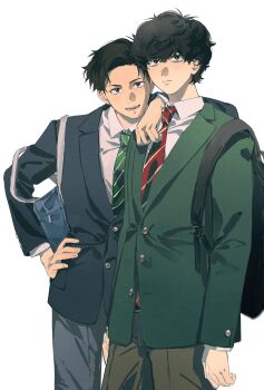 Rule 34 | 2boys, absurdres, arm on another's shoulder, backpack, bag, bags under eyes, black hair, blue jacket, buttons, closed mouth, collared shirt, commentary request, diagonal-striped clothes, diagonal-striped necktie, green jacket, green necktie, grey pants, hand on own hip, highres, hyakuemu, jacket, komiya (hyakuemu), looking at viewer, male focus, multiple boys, necktie, pants, red necktie, school bag, shirt, short hair, shoulder bag, simple background, striped clothes, togashi (hyakuemu), vani42, white background, white shirt, yaoi