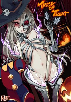 1girl absurdres areola_slip black_hat bone clothes_hanger commentary_request fire grey_hair halloween hat hat_ornament highres holding holding_clothes_hanger jack-o'-lantern jester_costume looking_at_viewer monster_girl monster_girl_encyclopedia nakadashikaze navel parted_lips purple_fire red_eyes skeleton_(monster_girl_encyclopedia) skull_hat_ornament solo trick_or_treat undead witch_hat