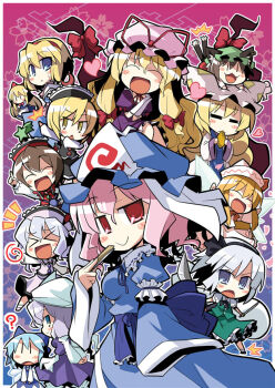 6+girls =_= ? aburaage akaneya alice_margatroid bad_id bad_pixiv_id blonde_hair chen chibi cirno everyone food gap_(touhou) heart konpaku_youmu letty_whiterock lily_white lunasa_prismriver lyrica_prismriver merlin_prismriver multiple_girls perfect_cherry_blossom saigyouji_yuyuko shanghai_doll ^^^ touhou yakumo_ran yakumo_yukari
