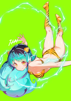 1girl absurdres animal_print ass bikini black_hair blush breasts closed_mouth cone_horns electricity electrokinesis falling full_body green_background green_hair highres horns itou_kazuki long_hair looking_at_viewer lum medium_breasts orange_eyes outstretched_arms pointy_ears print_bikini print_boots signature simple_background smile solo strapless strapless_bikini striped_horns swimsuit tiger_print urusei_yatsura yellow_bikini yellow_horns