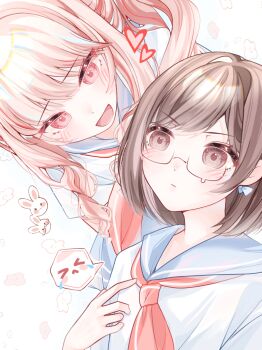1boy 1girl :d akiyama_mizuki animal annoyed arm_at_side bespectacled blue_bow blue_sailor_collar blush bob_cut bow bow_earrings brown-framed_eyewear brown_eyes brown_hair chinese_commentary closed_mouth commentary_request drill_hair drill_sidelocks earrings eye_contact flat_chest glasses hair_between_eyes hair_intakes hand_on_own_chest hand_up heart high_side_ponytail highres jewelry looking_at_another necktie open_mouth pale_skin pink_eyes pink_hair project_sekai qitanicheng041 rabbit raised_inner_eyebrows rectangular_eyewear red_necktie sailor_collar school_uniform semi-rimless_eyewear shinonome_ena shirt short_hair short_sleeves side_drill side_ponytail sidelocks simple_background smile spoken_expression swept_bangs tareme teardrop-framed_glasses teasing tongue tsurime upper_body v-shaped_eyebrows white_background white_rabbit_(animal) white_shirt
