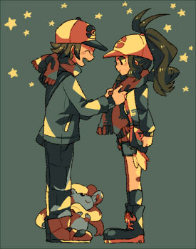 1boy 1girl adjusting_scarf antenna_hair baseball_cap boots cinccino closed_eyes commentary_request from_side full_body gen_5_pokemon hat hilbert_(pokemon) hilda_(pokemon) looking_at_another nintendo ozato_(doituitaria) pokemon pokemon_(creature) pokemon_bw ponytail scarf smile standing star_(symbol)