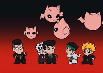 1girl 6+boys animated animated_gif artist_request beard blonde_hair broom chibi crazy_diamond crossover echoes_(stand) facial_hair gakuran grey_hair hat headband heaven&#039;s_door higashikata_josuke hirose_koichi jojo_no_kimyou_na_bouken joseph_joestar joseph_joestar_(old) killer_queen kishibe_rohan kuujou_joutarou long_coat lowres multiple_boys nijimura_okuyasu parody pompadour school_uniform sugimoto_reimi the_hand_(stand) yuu_yuu_hakusho