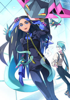 1girl 2girls ahoge androgynous black_gloves black_hair black_jacket black_necktie black_pants blue_background blue_eyes blue_gloves blue_shirt botamochi_(exwelder) bright_pupils collared_shirt colored_sclera dark-skinned_female dark_skin dragapult dragon dreepy geeta_(pokemon) gen_8_pokemon ghost glimmet gloves green_hair highres jacket long_hair looking_at_another multiple_girls neck_ribbon necktie nintendo open_mouth pants pink_claws pokemon pokemon_(creature) pokemon_sv ponytail red_eyes reverse_trap ribbon rika_(pokemon) shirt simple_background standing suspenders upper_body white_pupils white_shirt yellow_ribbon yellow_sclera