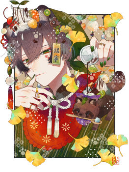 Rule 34 | 1boy, :p, absurdres, anmitsu (dessert), banana, banana slice, brown hair, candy, cherry, chocolate, commentary request, facial tattoo, finger to mouth, flower knot, food, food on head, fruit, ginkgo leaf, green eyes, green hood, green nails, hand up, highres, holding, holding spoon, holding weapon, hood, hood up, ice, ice cube, jelly bean, jewelry, kiwi (fruit), kiwi slice, leaf, looking at viewer, male focus, mandarin collar, multiple rings, nail polish, object on head, original, pineapple, pineapple slice, pouring, red shirt, ring, sauce, shira mame93, shirt, short hair, simple background, solo, spoon, sugar cube, tattoo, tongue, tongue out, translation request, watermark, weapon, whipped cream, white background